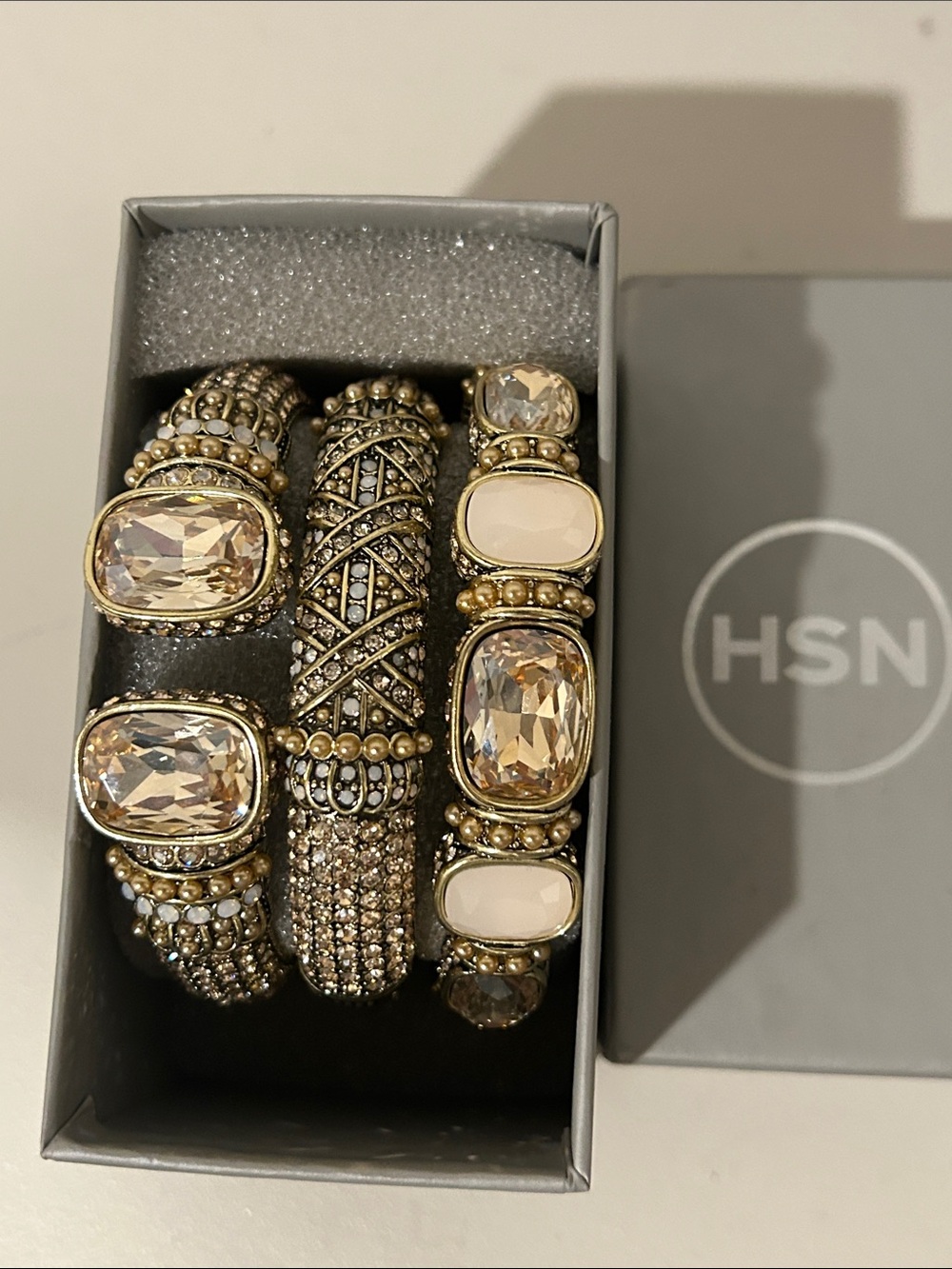 HSN Gold-Tone 3-Piece Beige Crystal Stackable Bracelet Set